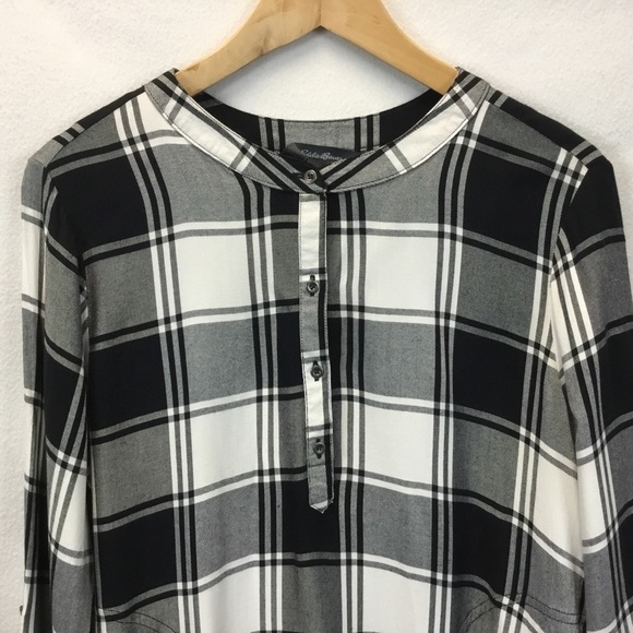 Eddie Bauer Black & White Plaid Tunic Blouse with Side Pockets - Picture 4 of 13